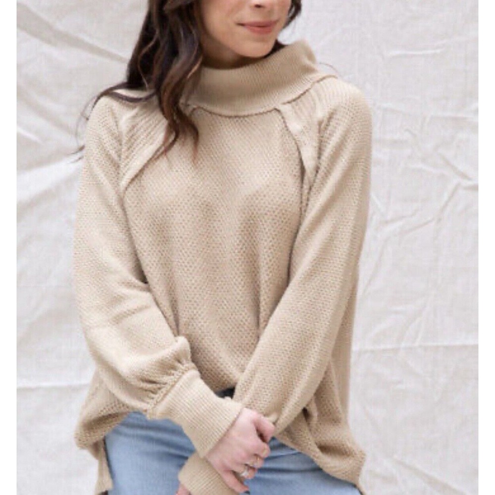 We The Free People Mock Neck Sweater She's A Keeper Tan Oversized Sweater Top‎ M